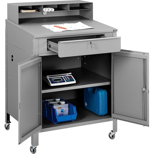 Global Industrial Mobile Cabinet Shop Desk w/ Pigeonhole Riser, 34-1/2inW x 30inD, Gray 300912CGY - main